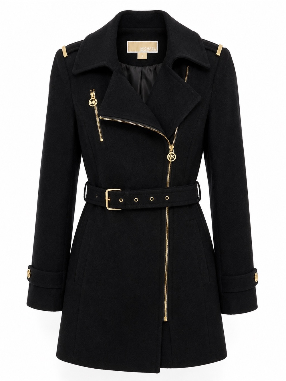 MICHAEL Michael Kors Black Wool Blend Belted Moto Coat 2 Gold Zip